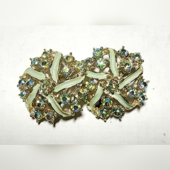 Brilliant 1950s lime green gold with Firestone Aurora borealis clip on earrings - Picture 6 of 8